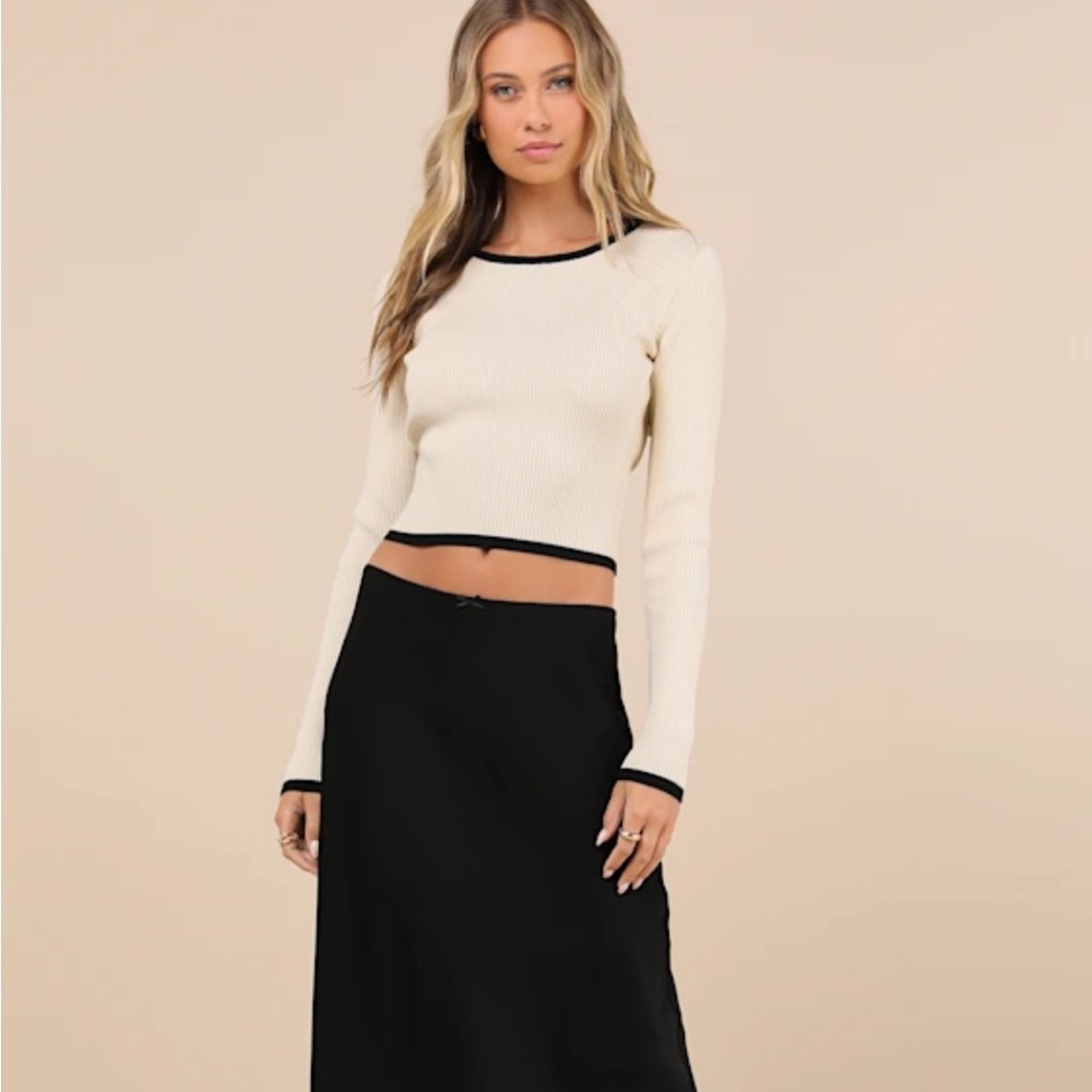 New Lulus Mode Cream Ribbed Knit Cutout Long Sleeve Sweater Top XL